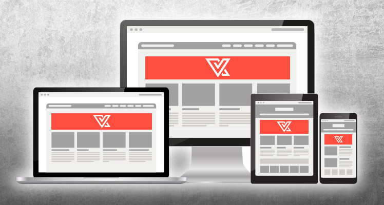 Illustration of a responsive web design displayed on laptop, desktop, tablet, and smartphone.